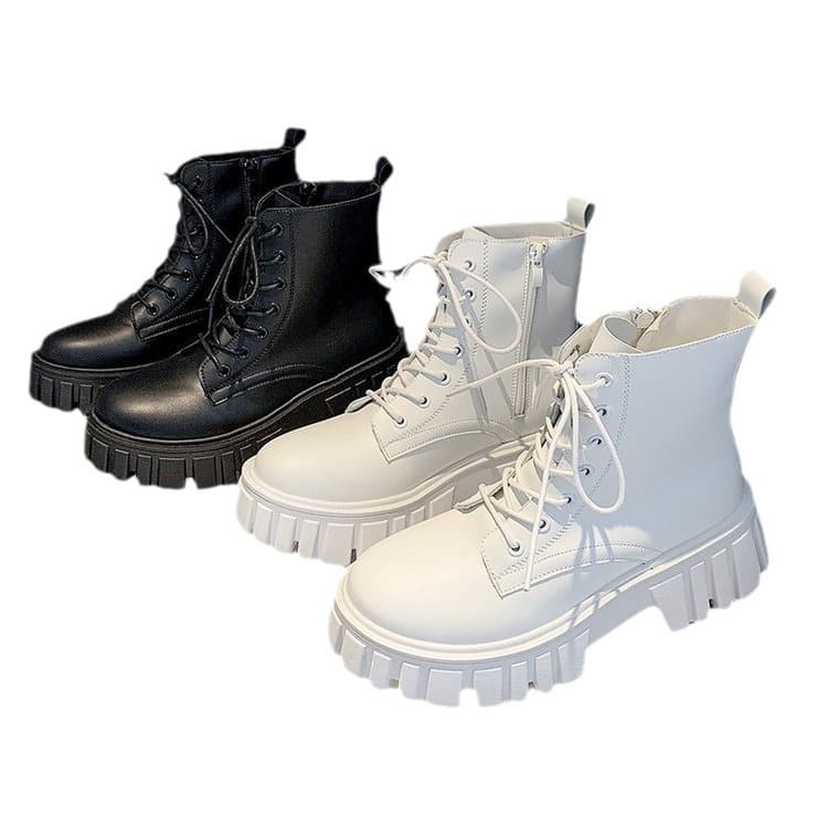 Thick soled lace up Martin boots for women 2024 autumn and winter new Korean version leather women's boots comfortable soft soled women's mid calf