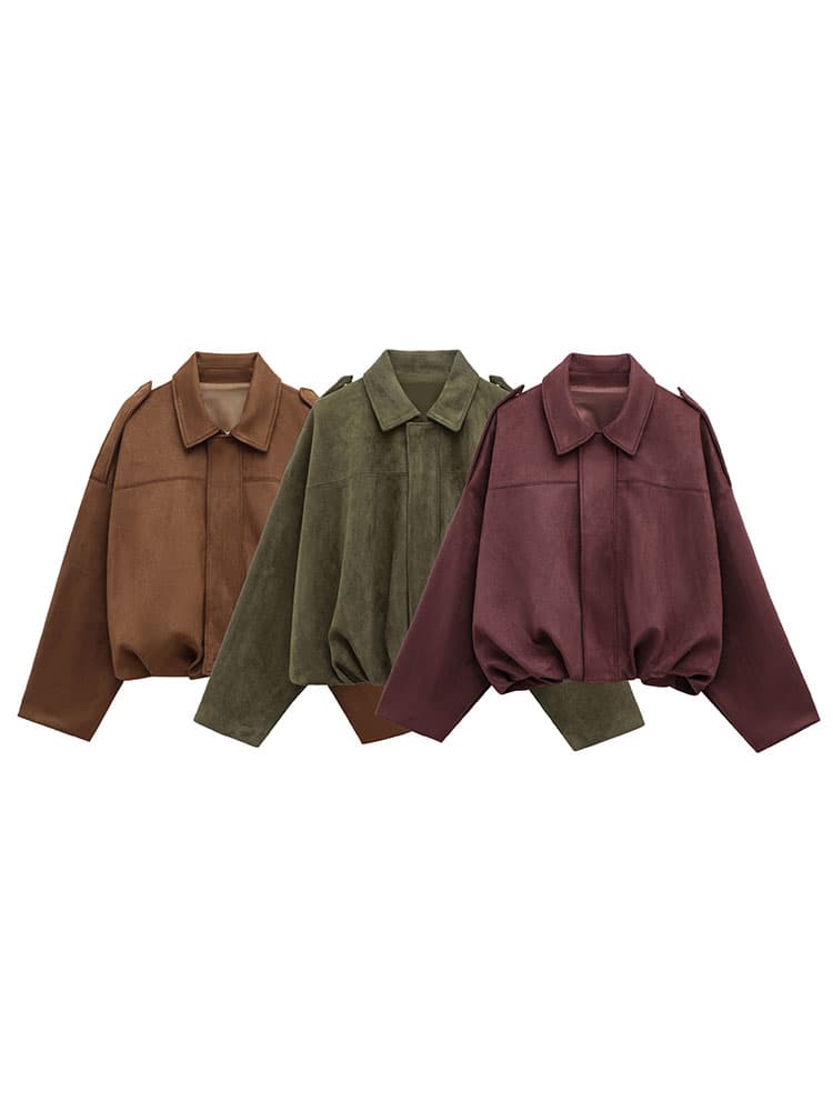 Women Brown Green Suede Jacket Loose Casual Bomber Coat Lapel Zipper Long Sleeve Jackets Vintage Lady Motorcycle Outwear