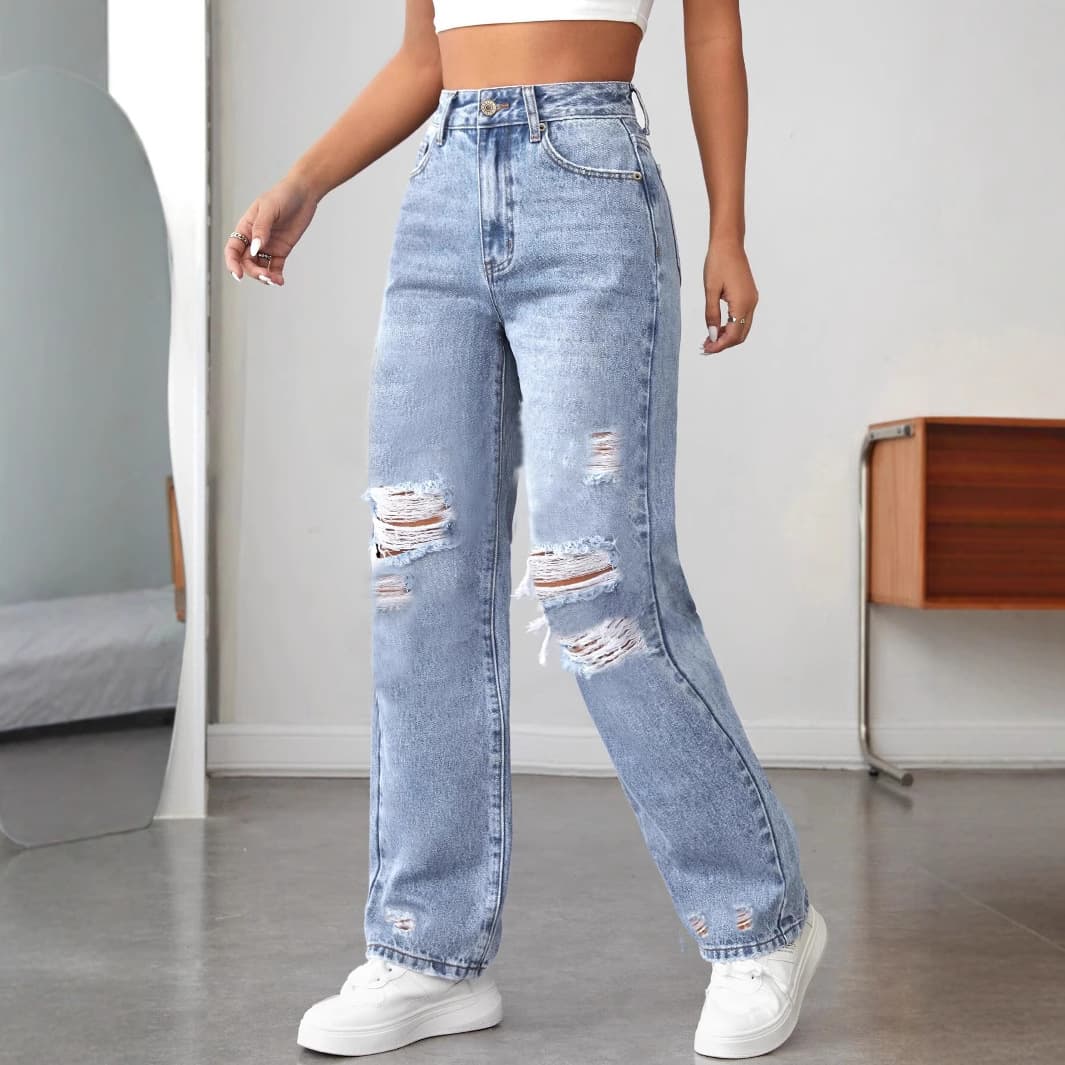 Women's Clothing Pocket Ripped Casual Denim Wide Leg Pants