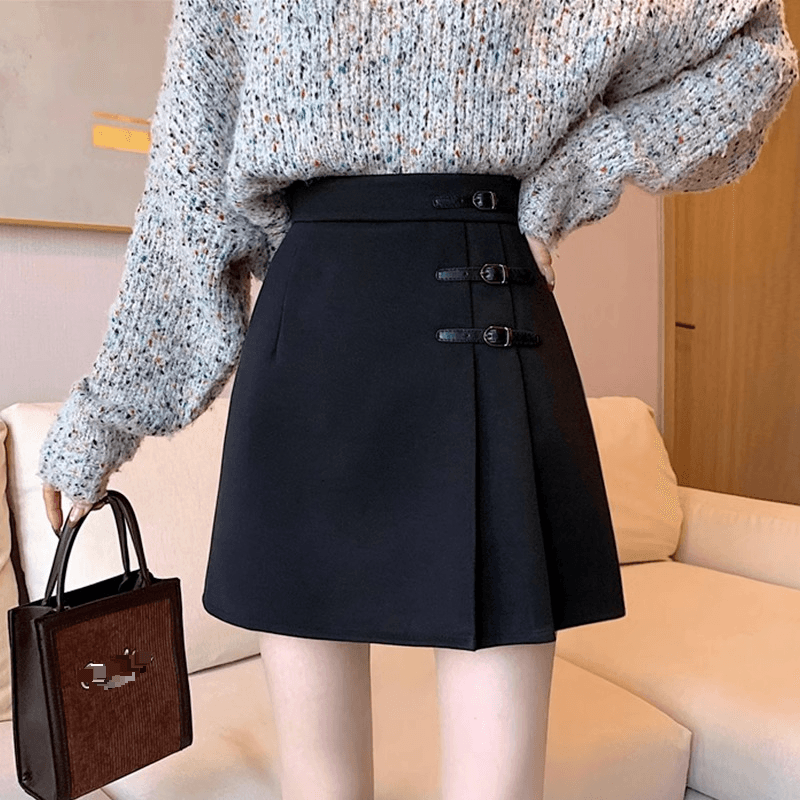 Black Woolen Skirt Women's New High Waist Pleated Skirt Fat Large Size Thin A Word Package Hip Skirt