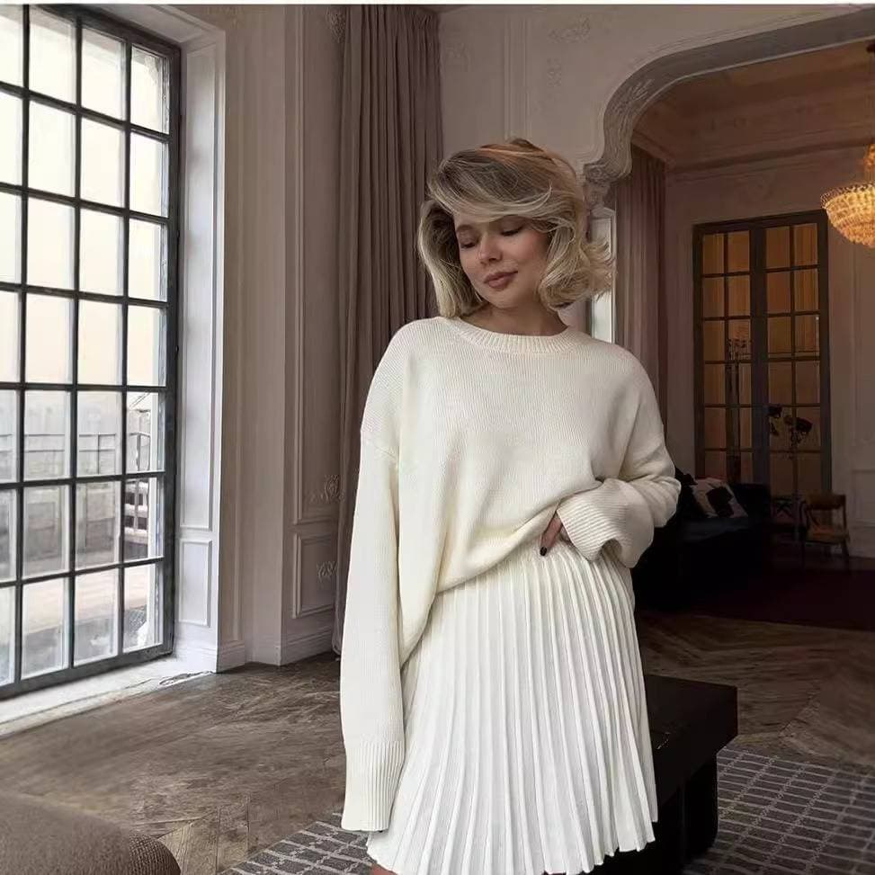 Women's Solid Color Round Neck Sweater With Pleated Skirt Set - Soft Knit Cozy Outfit For Fall Winter Casual Wear