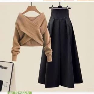 Plus Size Women’s Winter Outfit Set – Slimming Cross-Front Knit Sweater & Midi Skirt, Cozy & Stylish Two-Piece