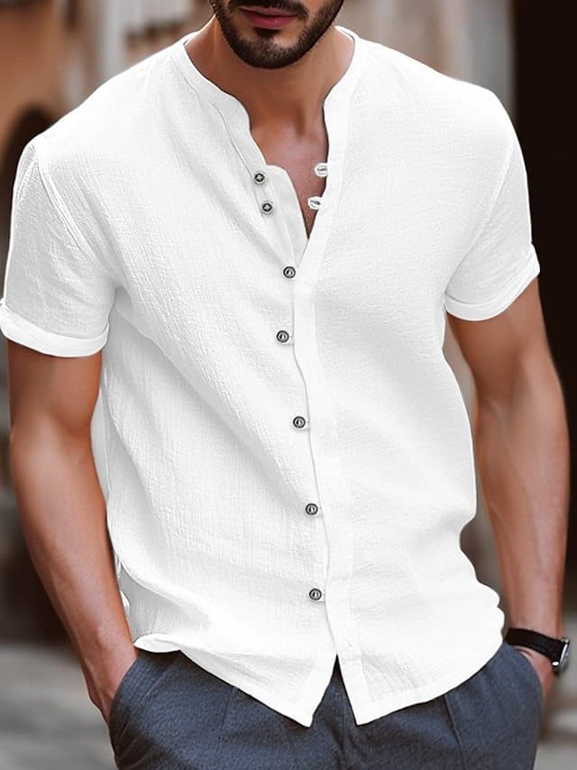 Men's Retro Linen Short-Sleeve Shirt - Loose Fit Casual Breathable Shirt For Spring Summer (Beige/Khaki/Blue)​