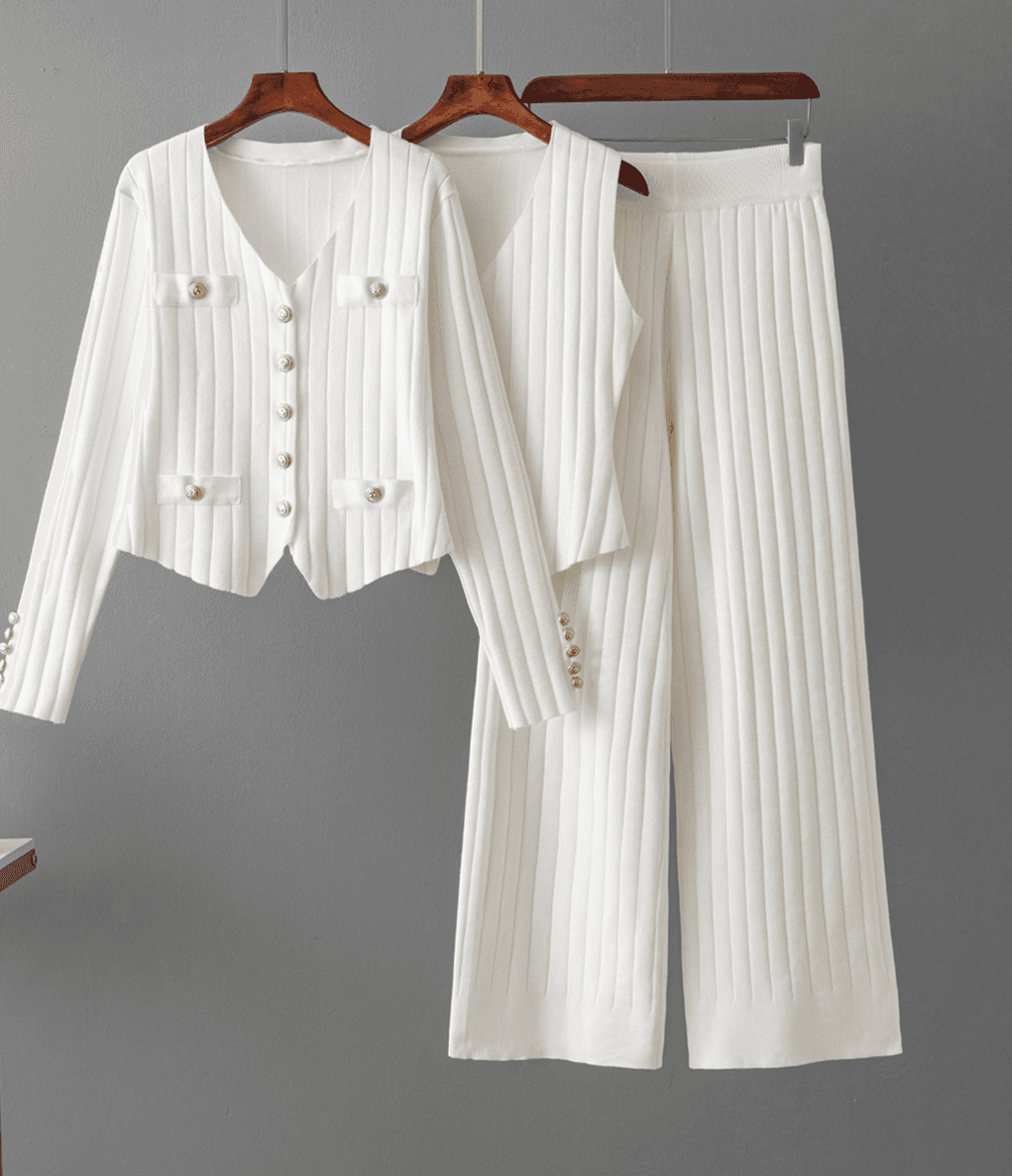 Women's Clothing slim fit style wide leg pants sweater three piece suit for women spring and autumn new vest knitted cardigan suit