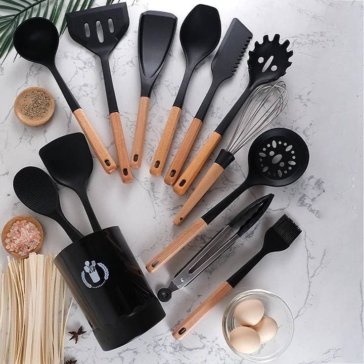 Wooden Handle Silicone Kitchenware 13 Piece Set Storage Bucket Kitchen Tools Non Stick Cooking Spoon Shovel Set