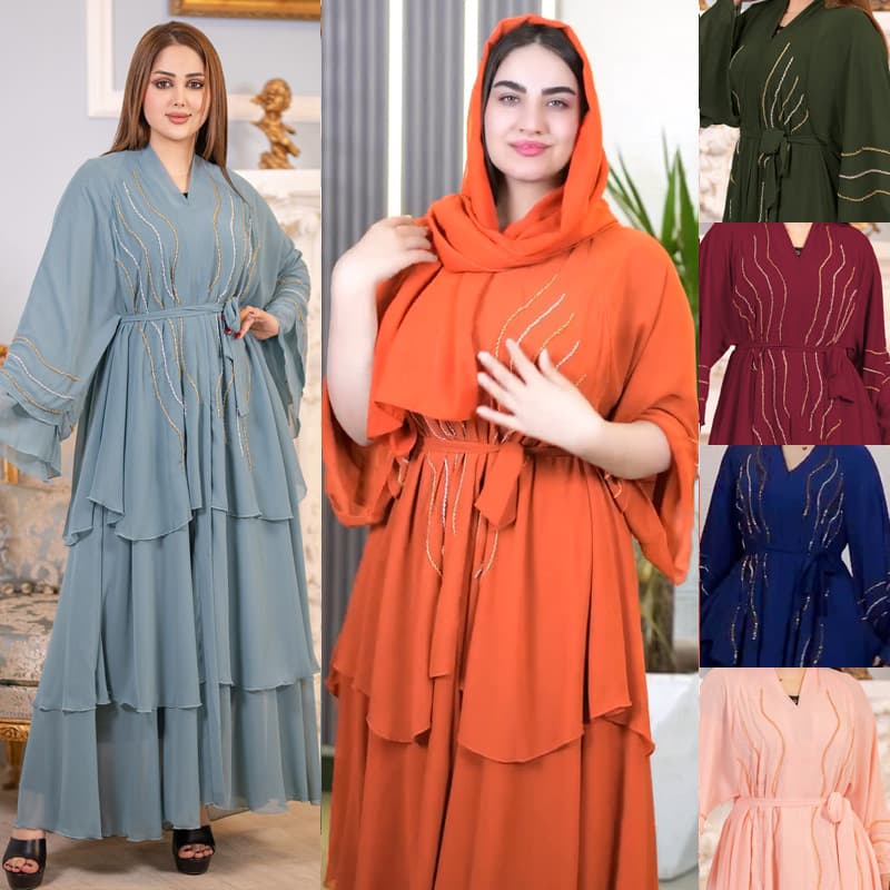 Women's Clothing Chiffon Hot Diamond Cake Dress With Headscarf