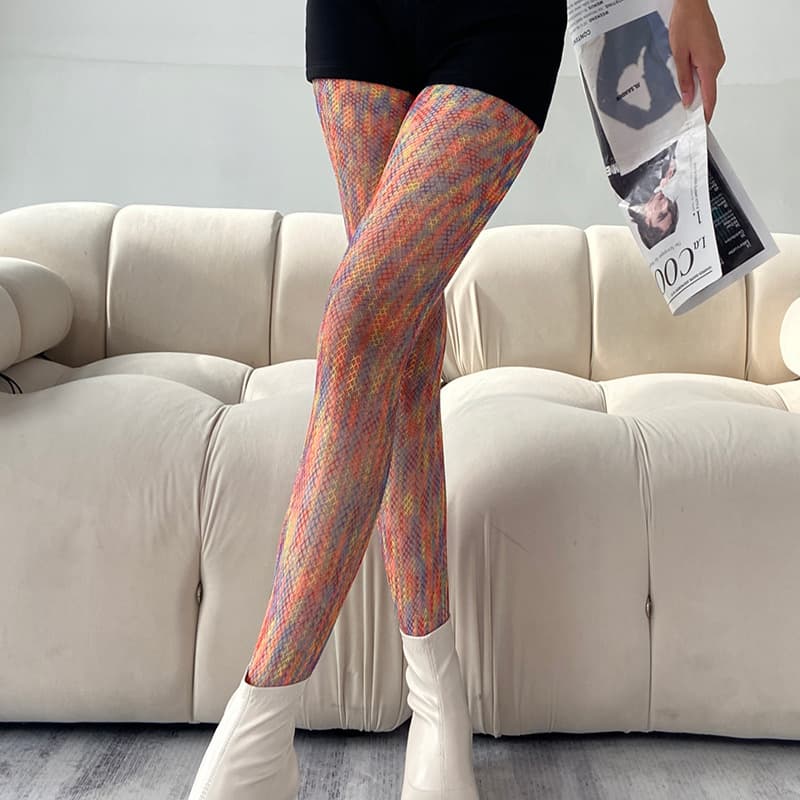 Unisex Rainbow Net Stockings For Women Thin Personality Color Pantyhose Gradient Party Stockings Leg Socks