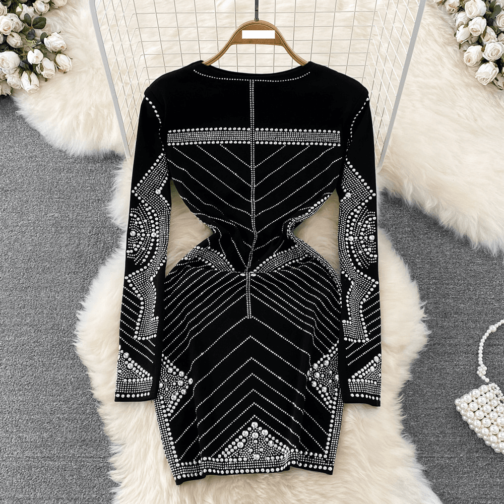 Women's Clothing light luxury retro temperament round neck diamond long sleeve slim fit bottom hip dress