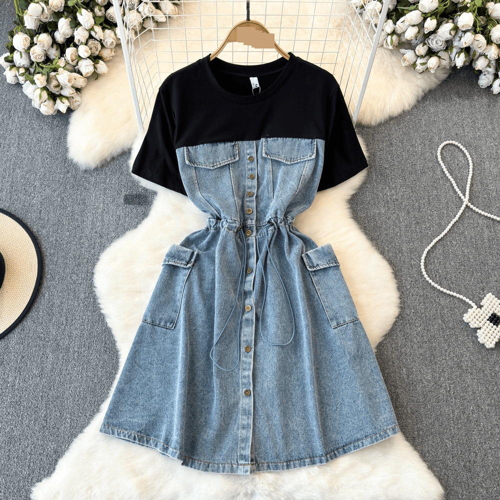 Women's Clothing Two Piece Short Sleeved Round Neck Patchwork Waist Slimming Medium Length Denim Dress