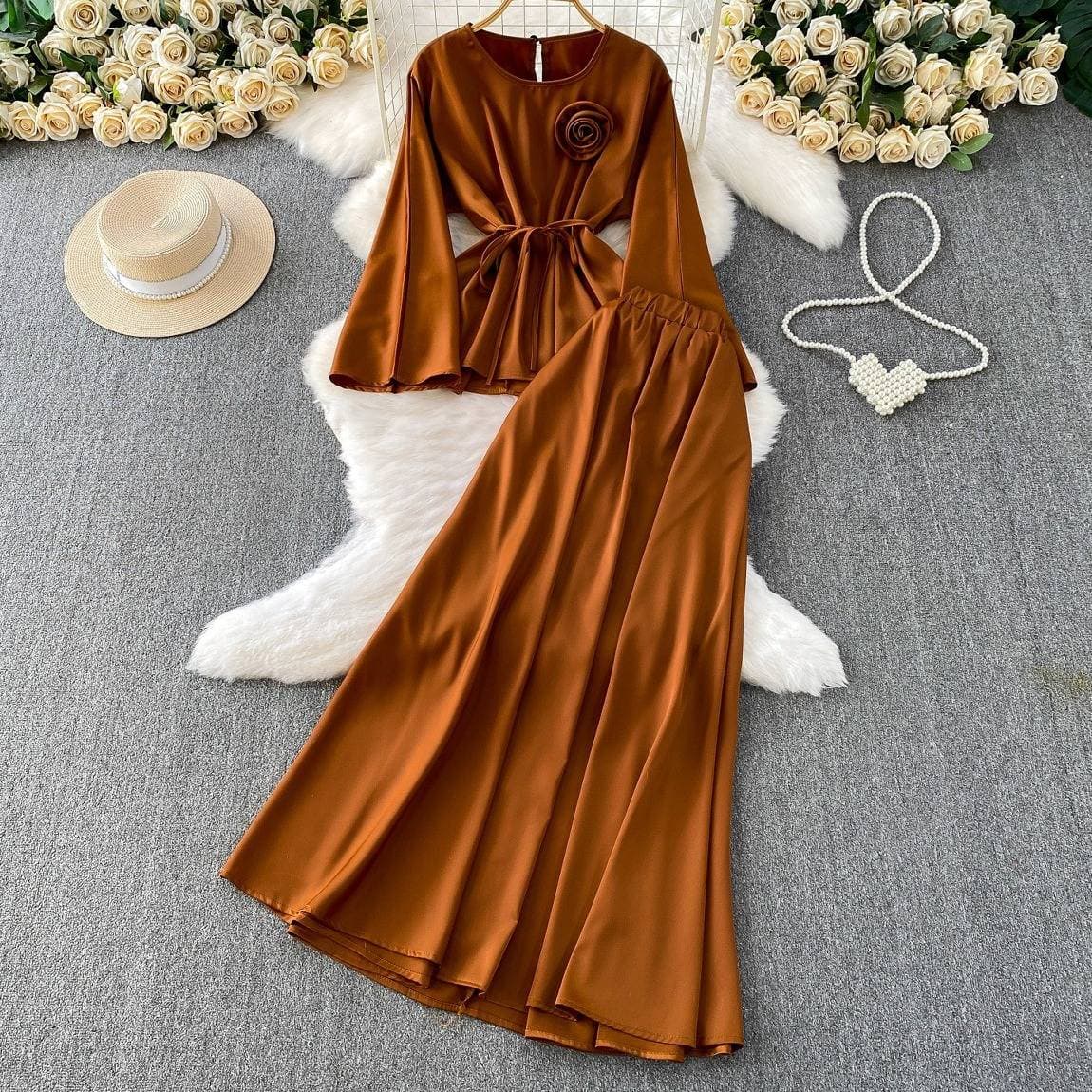 Luxury Floral Embroidery Bell-Sleeve Top & Slimming Midi Skirt Set – Elegant Satin Lounge-to-Cocktail Outfit (One Size Fits Most)​