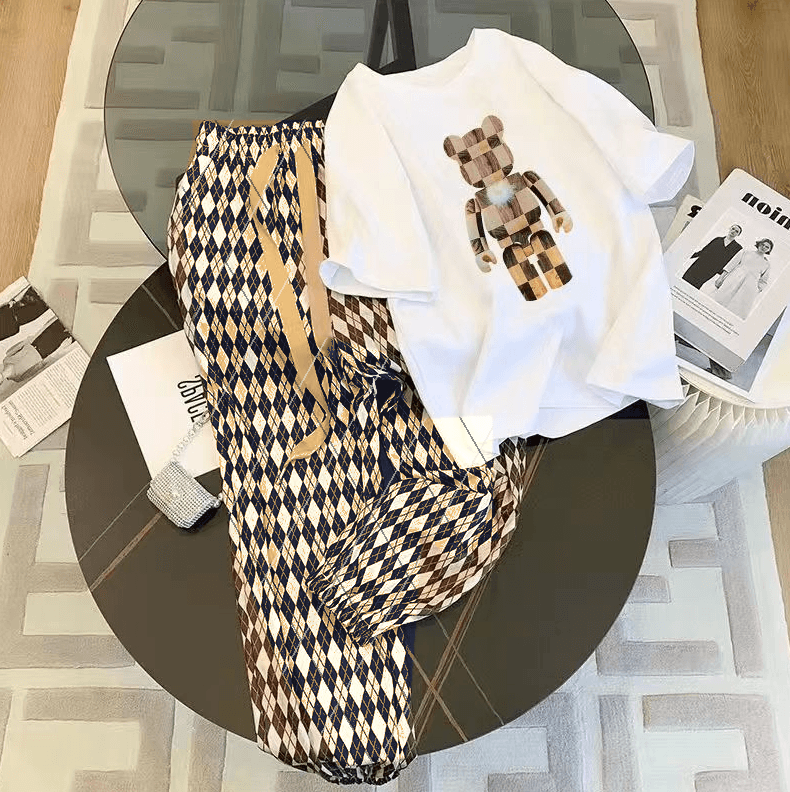 Women's Cartoon Plaid Bear T-Shirt Trousers Two-Piece Set