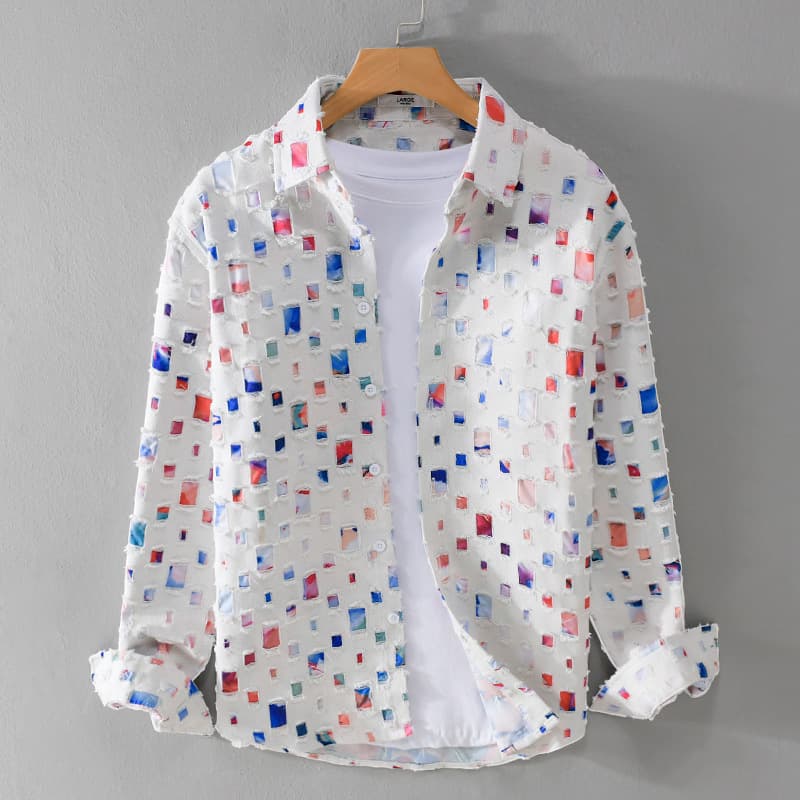 Men's Clothing Design Plaid Hole Print Splicing Long Sleeved Shirt Hollow Trend Cotton Shirt Jacket Men's Trend