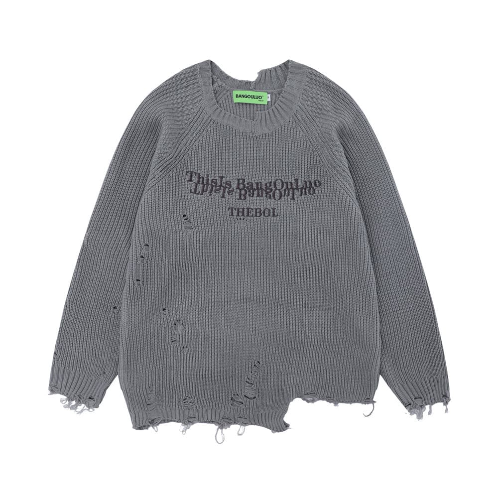 Men's Clothing Slouchy Ripped Sweater Men's Loose Street Trend Embroidered Monogram Crew Neck Sweater