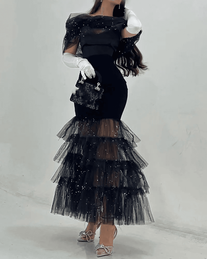 New style hip-covering mid-waist waist black artistic mesh sequin temperament commuter long skirt dress