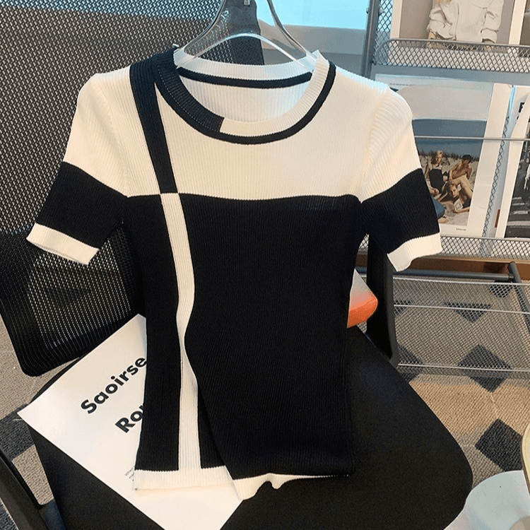 Women's Clothing Summer New T Shirt Women's Short Sleeved Pullover Round Neck Color Matching Ice Silk Sweater Fashionable Thin Tops