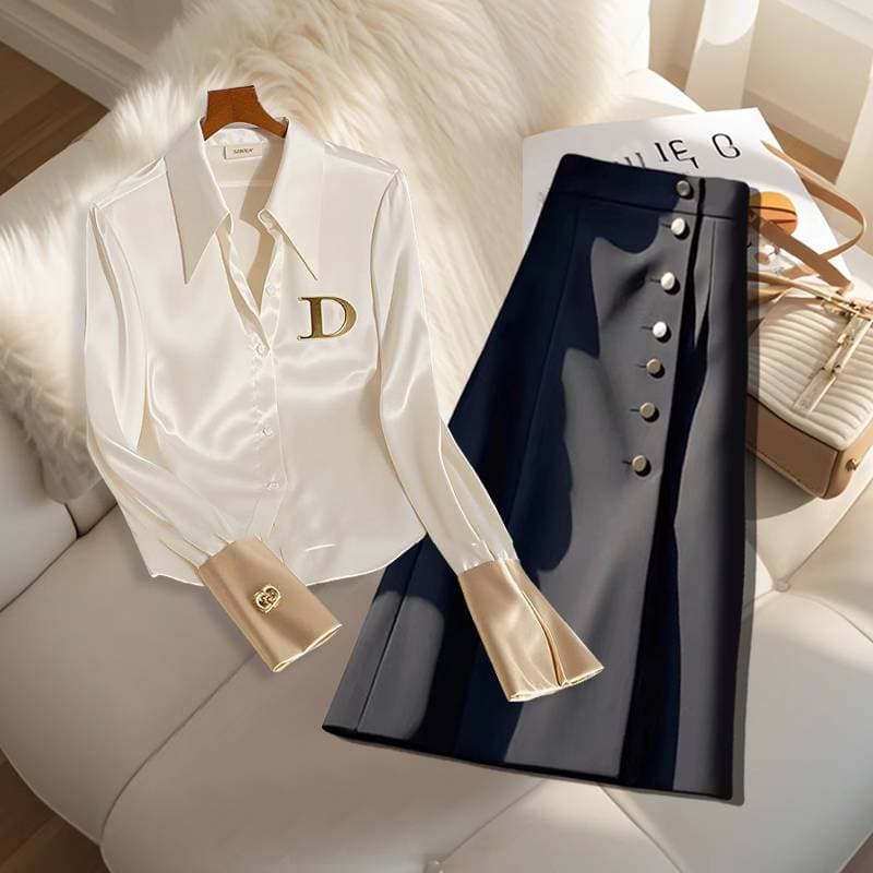 New Fashion Royal Sister Style Suit For Women Age-Reducing Loose Shirt High Waist Versatile Skirt Two-piece Set