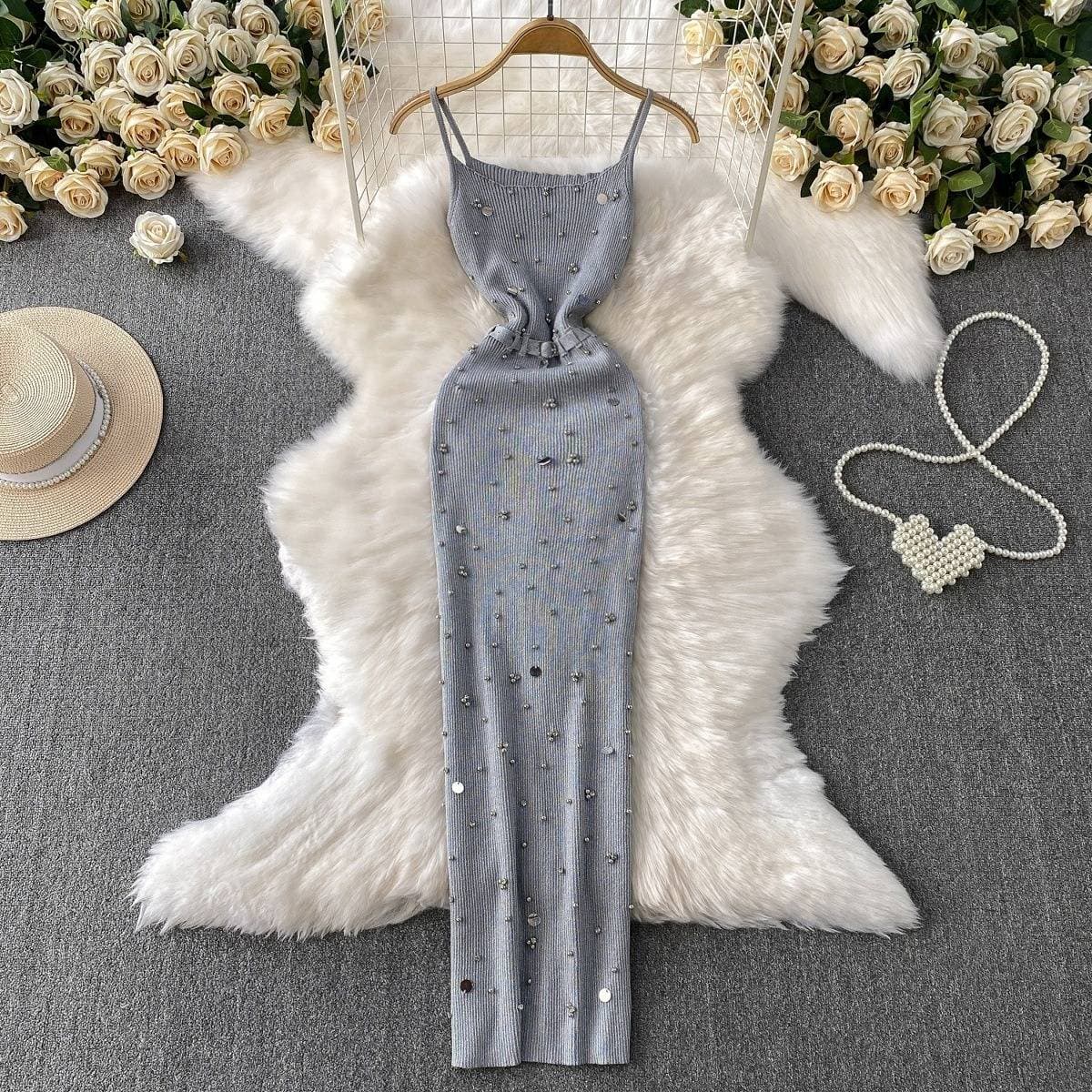 Women's Clothing Royal Sister Style Elegant Light Luxury Heavy Work Beaded Suspender Dress New Style Elastic Knit Tight Slim Split Long Skirt