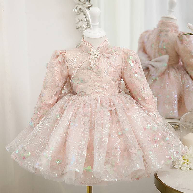 Elegant Princess Dress For Girls - Long Sleeve Ball Gown With Puffy Skirt For Recitals, Performances & Special Occasions (Pink, 80-150cm)​