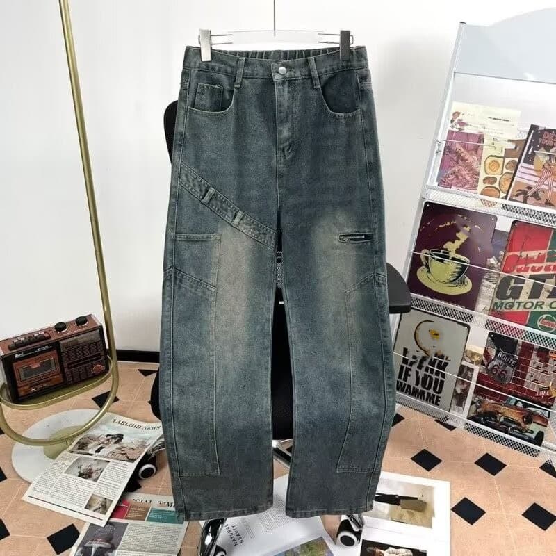 Men's American Retro Deconstructed Jeans Loose Casual Distressed Straight Leg Pants mid Waist Spring Autumn Trendy Cool