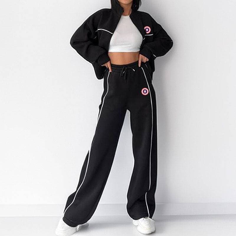 New Hot Selling Set: Casual High Neck Zipper Cardigan Tie-Waist Fashionable Sports Sweatshirt Set