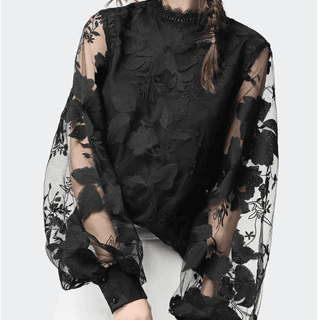 Women's Lace Puffed Sleeve Transparent Round Neck Solid Color Blouse Blouse