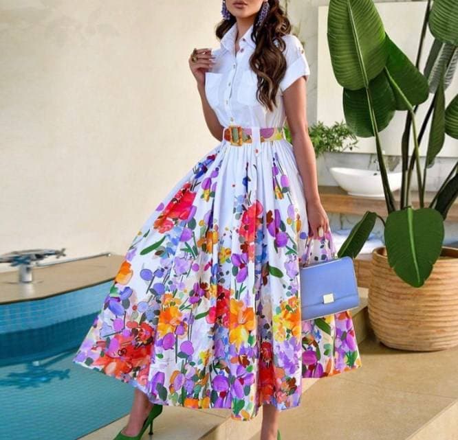 Women's positioning hem floral short-sleeved waist shirt long skirt-no belt LZR16451