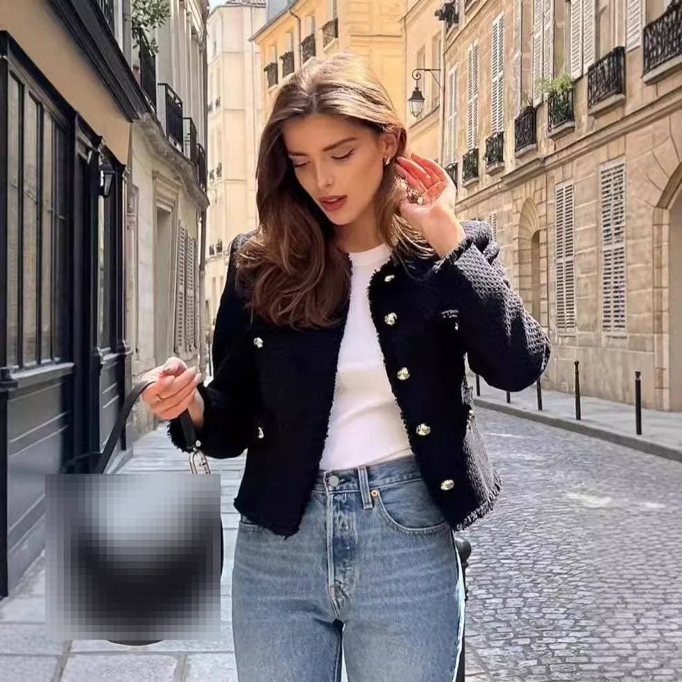 European And American Spring And Autumn New Metal Button Pocket Woolen Short Outer Single Breasted Top Jacket