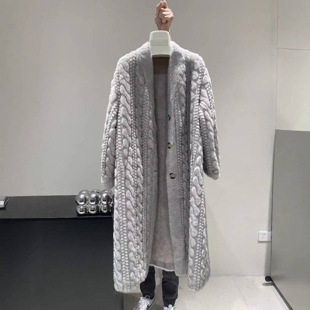 ​Longline Faux Fur Cardigan Coat – Oversized Cable-Knit Sherpa Lining (Grey/Black/Taupe, Vegan-Friendly Winter Wrap)​