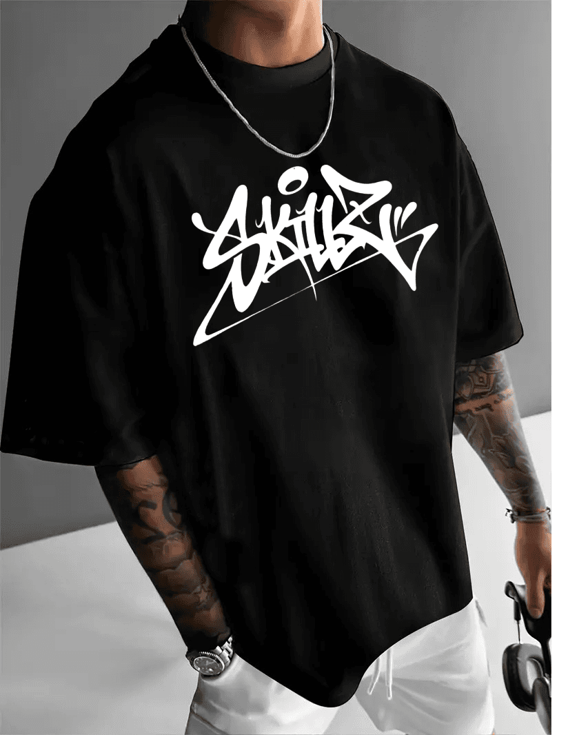 Men's 230GSM Graffiti Lettering Tee - 100% Cotton Streetwear T-Shirt With Borderless Print