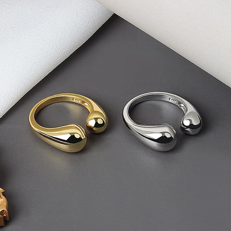 Minimalist Retro Water Drop Open Ring ins Metal Ball Ring size adjustable