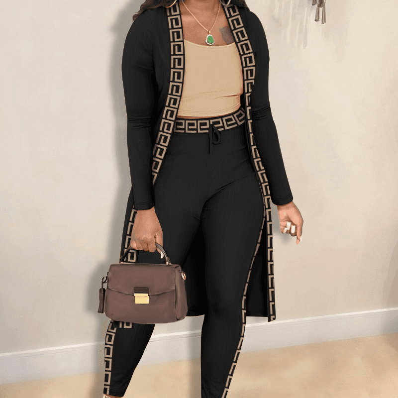 Women's fashion casual Printed patchwork jacket + top and pants suit