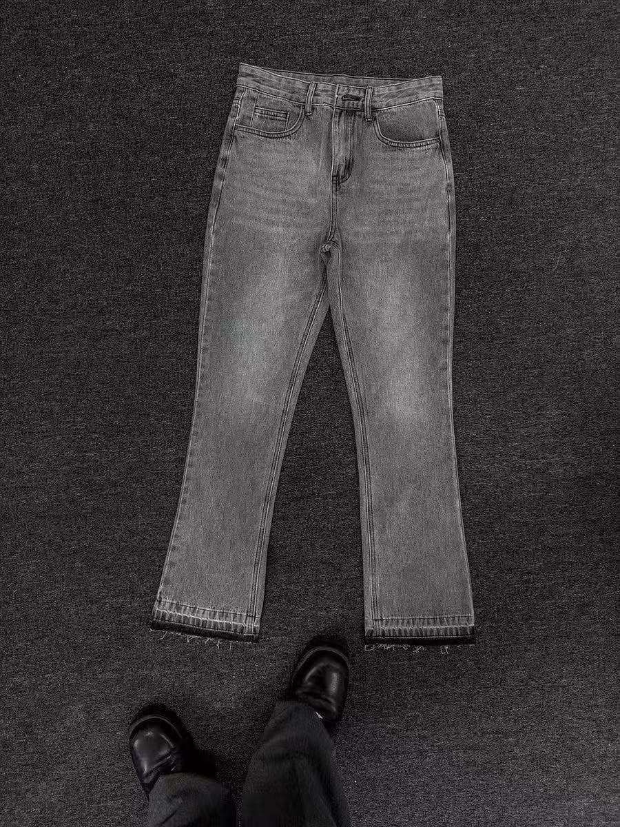 Men's Distressed Flared Jeans - Vintage Grey Cleanfit Denim With Frayed Hem, High Street Micro Bell Bottoms