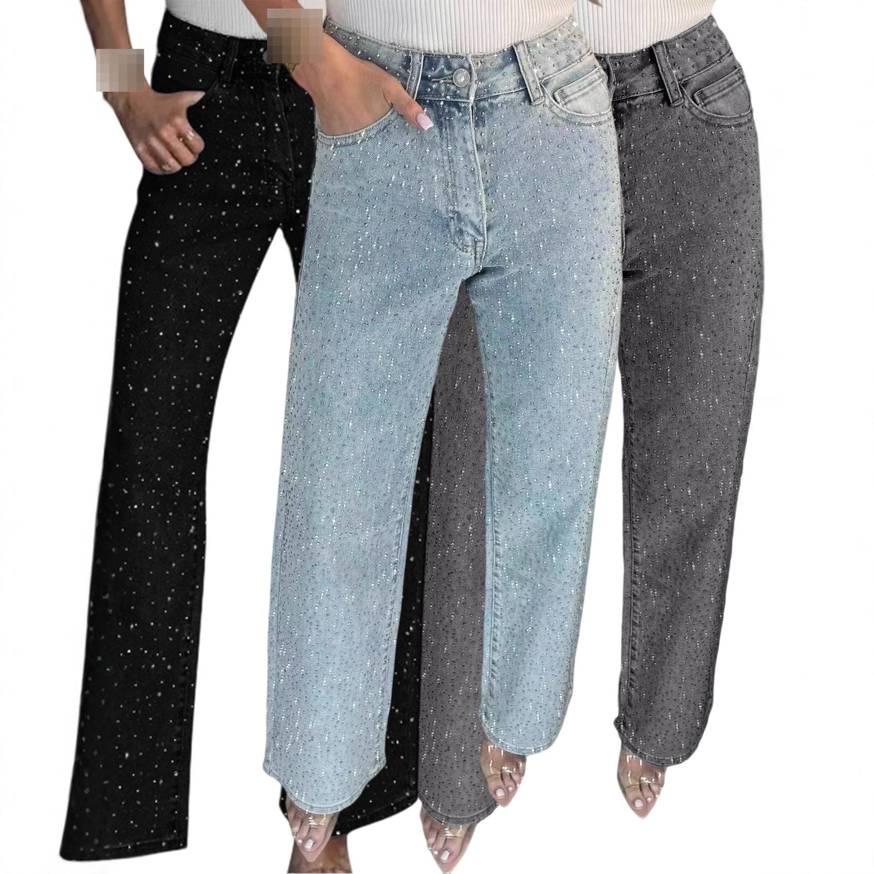 Women's High-Waisted Straight-Leg Rhinestone Jeans – Stretch Denim Pants For A Glam Look (Light Blue/Black/Charcoal/Navy/Brown/Gray, S-XXXL)