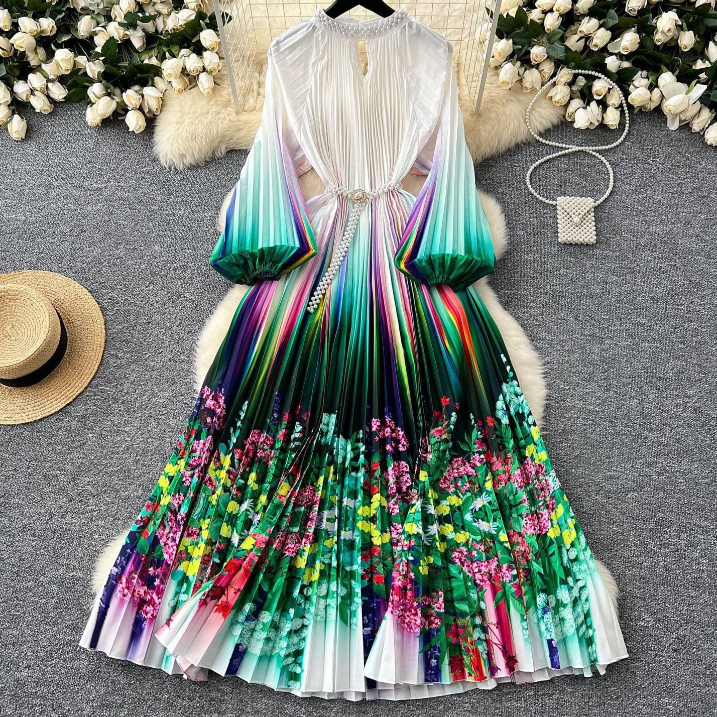 Women's Clothing High End Elegant Dress Beaded Round Neck Pleated Lantern Sleeve Waist Printed Long Skirt