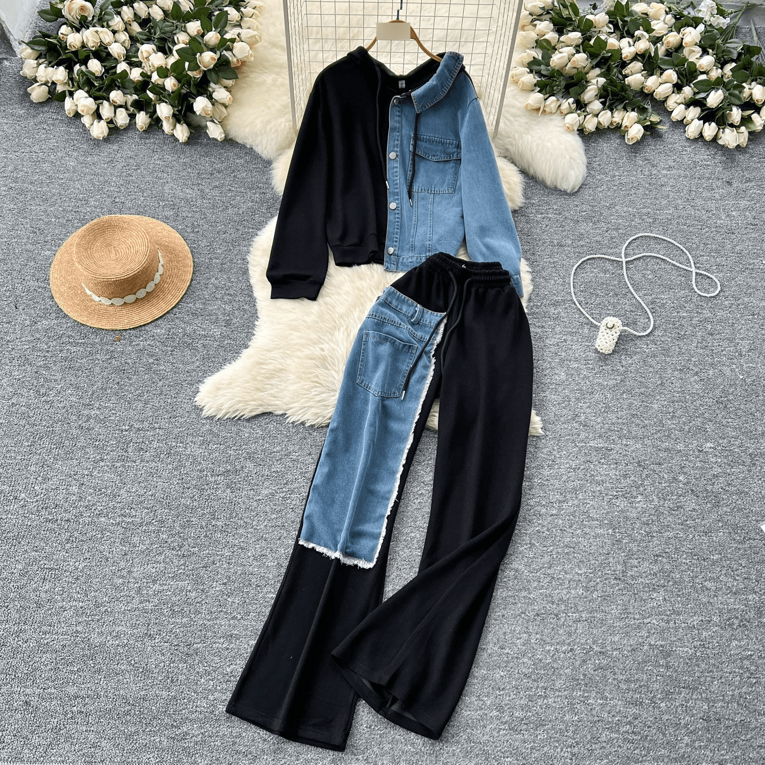 ​Fashionable Style Casual Set - Hooded Sweatshirt With High-Waisted Wide-Leg Jeans​