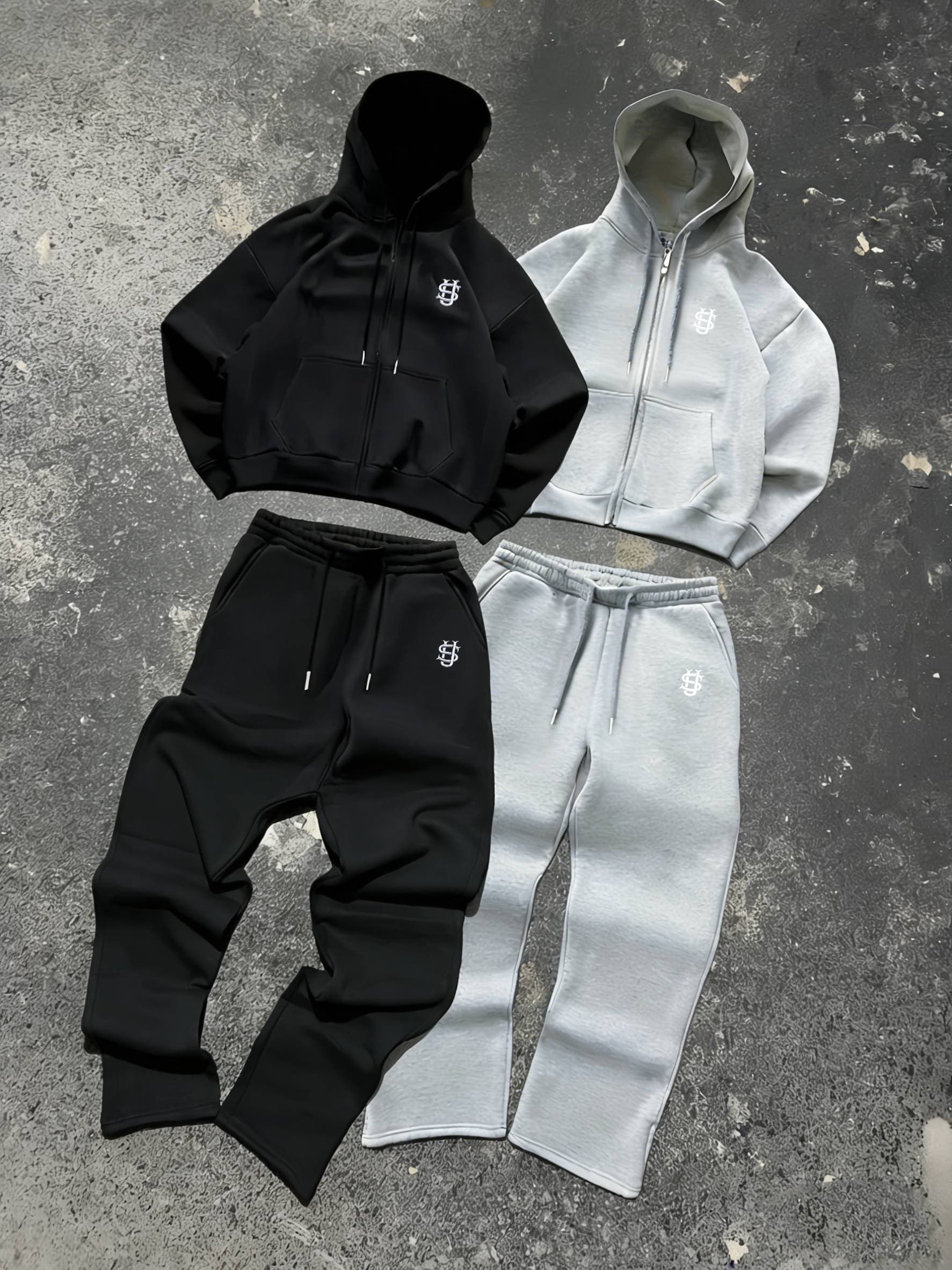 Men's Clothing Hooded Embroidered Zip-up Pocket Trendy Sweatshirt Set, Available In Black And Gray, With Straight-leg Sweatpants, Y2K Style.
