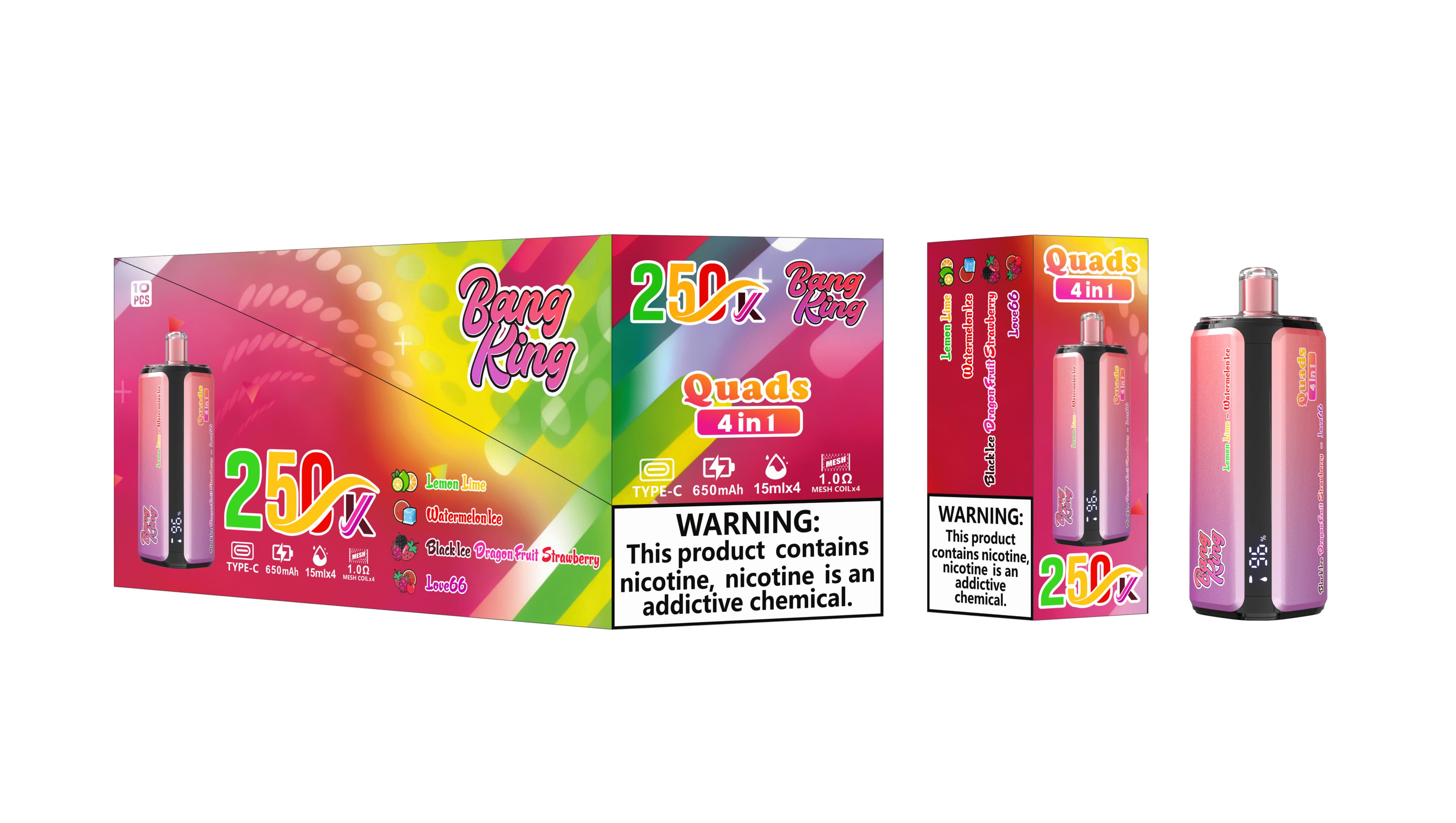 Cigarette électronique jetable Bang King de haute qualité, 250 000 bouffées, écran intelligent, 4 saveurs en 1, prix abordable.