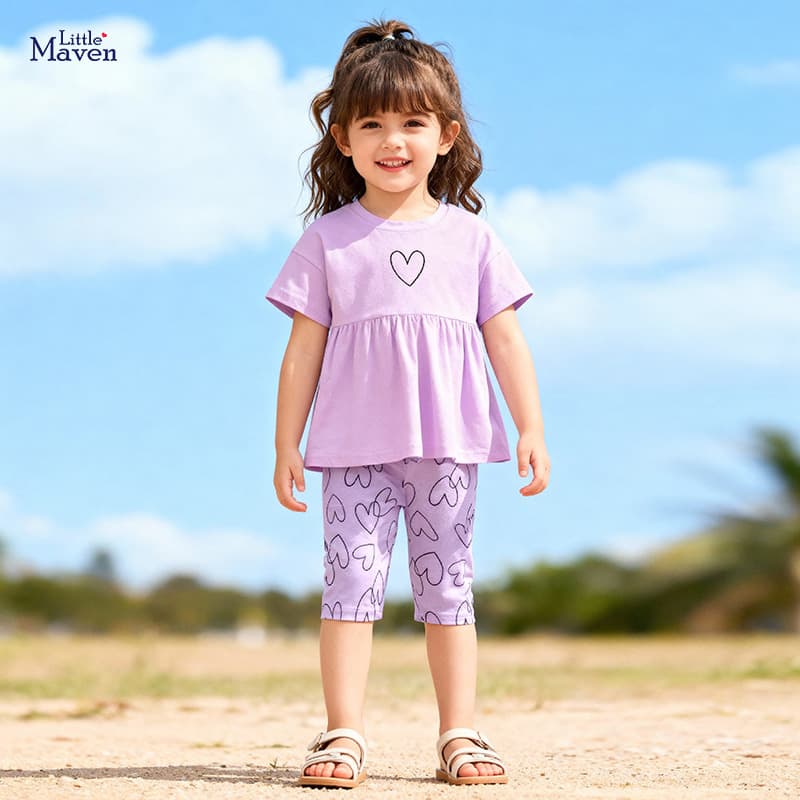 Girls Summer Outfit Set – Cute Heart-Print Toddler 2-Piece Short Sleeve Set – Soft Cotton