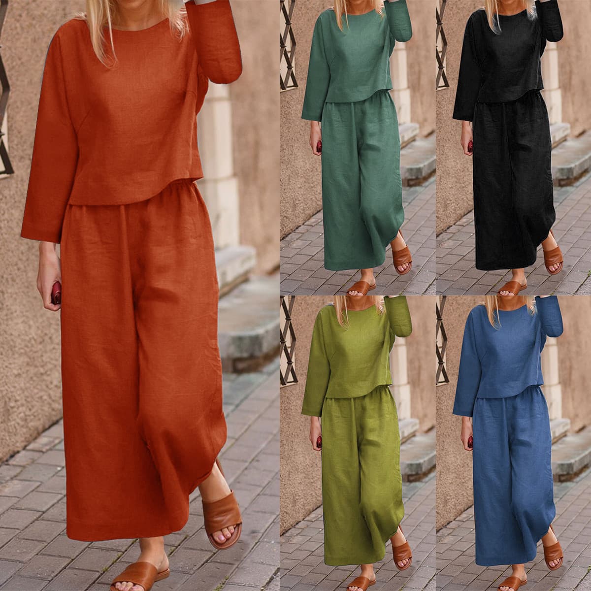 Women's casual loose solid color shirt long sleeve trousers two-piece set