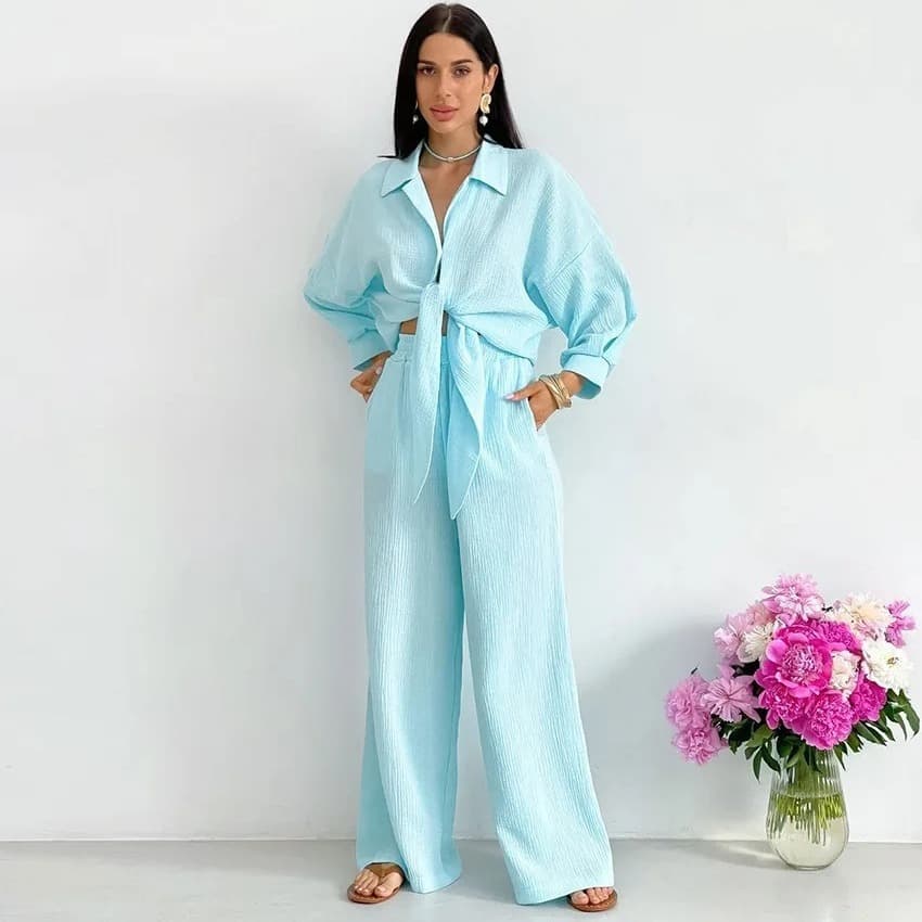 Women's Clothing New Casual Suit 100% Cotton Double Layer Corrugated Lapel Shirt + Pocket Wide Leg Pants