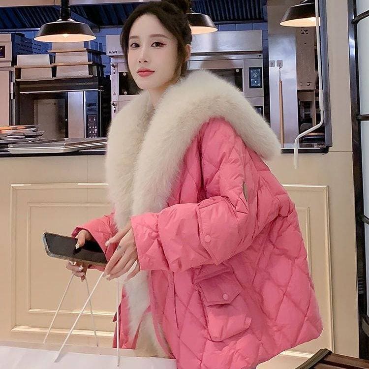 Women's Clothing fox fur navy collar down cotton jacket fur cotton jacket