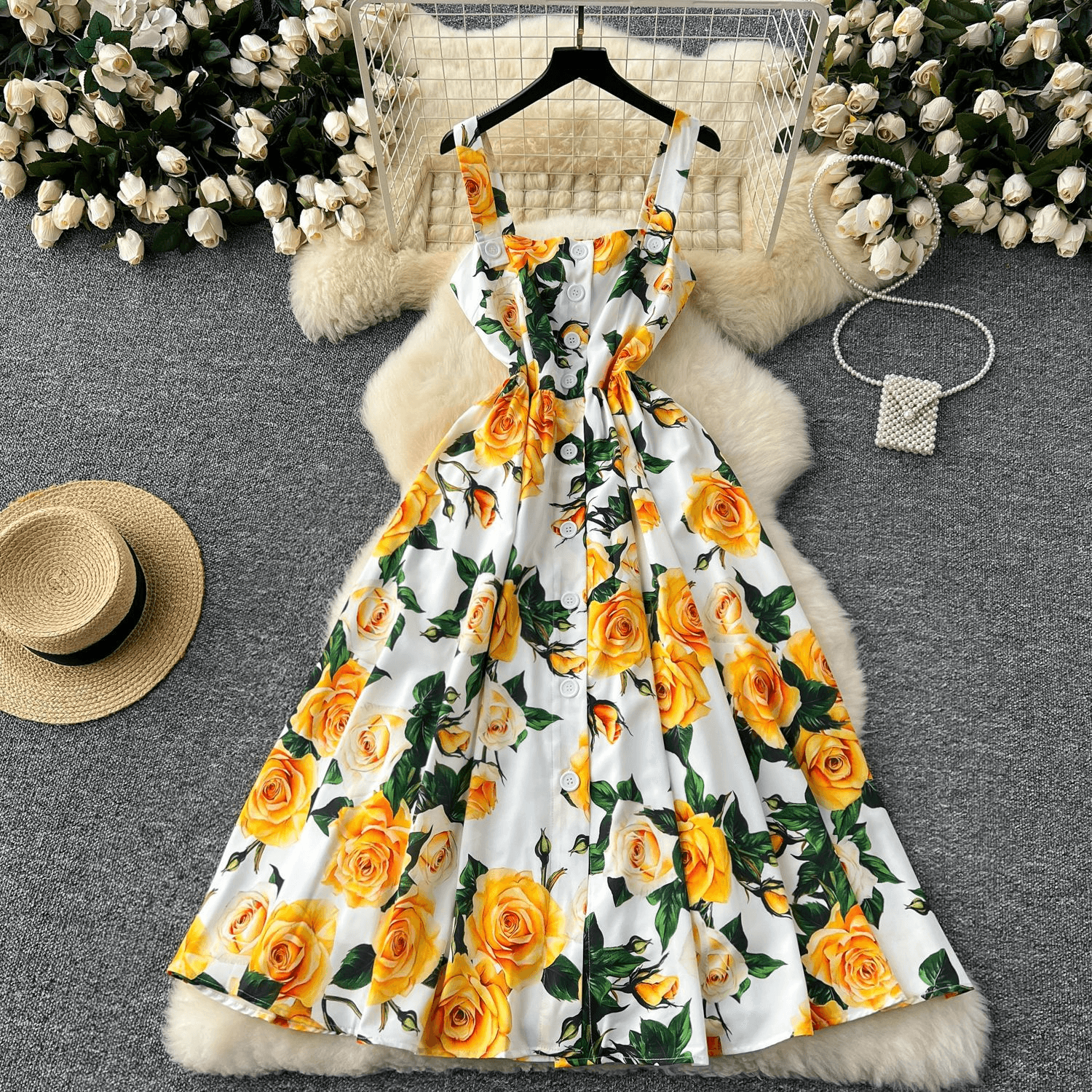 Women's Clothing Retro Elegant Dress New Niche Square Collar Tight Waist Single-breasted Sling Large Swing Printed Dress