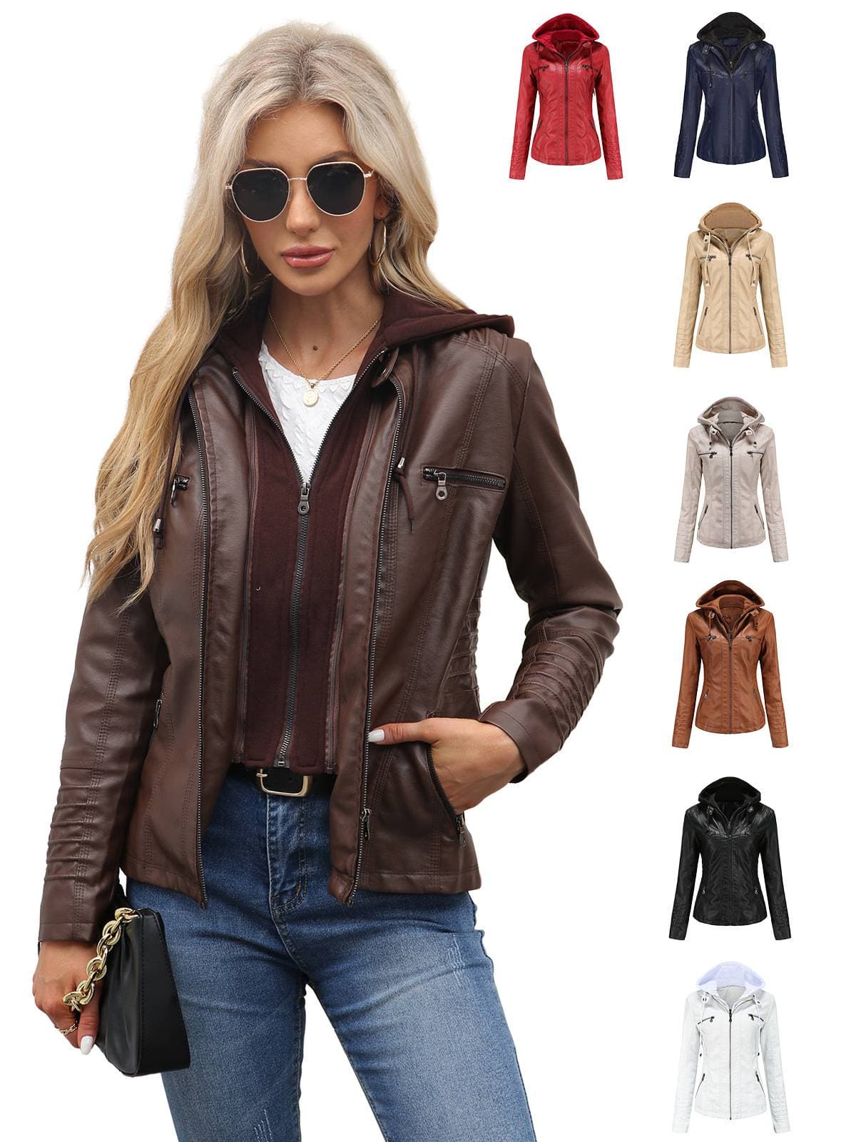 XS-6XL Women's Detachable Hood PU Jacket – Vintage Washed Leather Coat (Oversize & Two-Piece Set)​