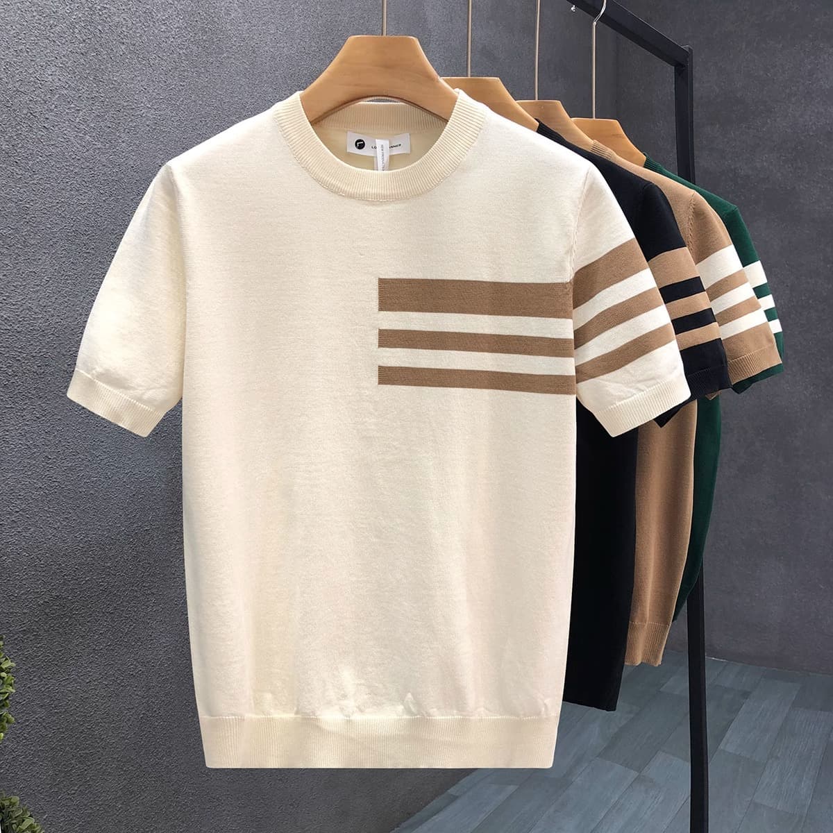 Men's Clothing Summer New Short Sleeved Sweater Men's Striped Simple Business Light Mature Slim Ice Silk T Shirt