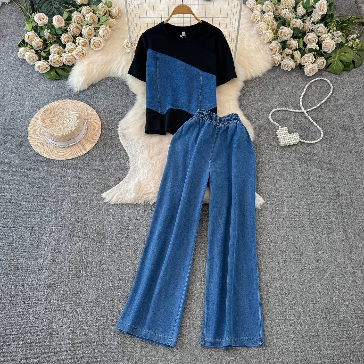 Women's Clothing Patchwork Contrast Color Short Sleeved Top + High Waist Wide Leg Jeans Two Piece Suit