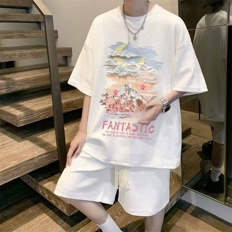 Men's Waffle Short-Sleeved T-Shirt Suit Retro Oil Painting Set Of Half-Sleeved Clothes Casual Two-Piece Suit
