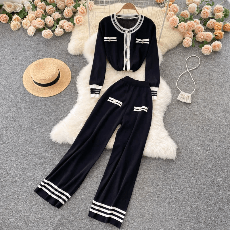Women's Clothing Fashion small fragrant style contrasting color long sleeved round neck sweater top two piece set high waisted straight wide leg pants