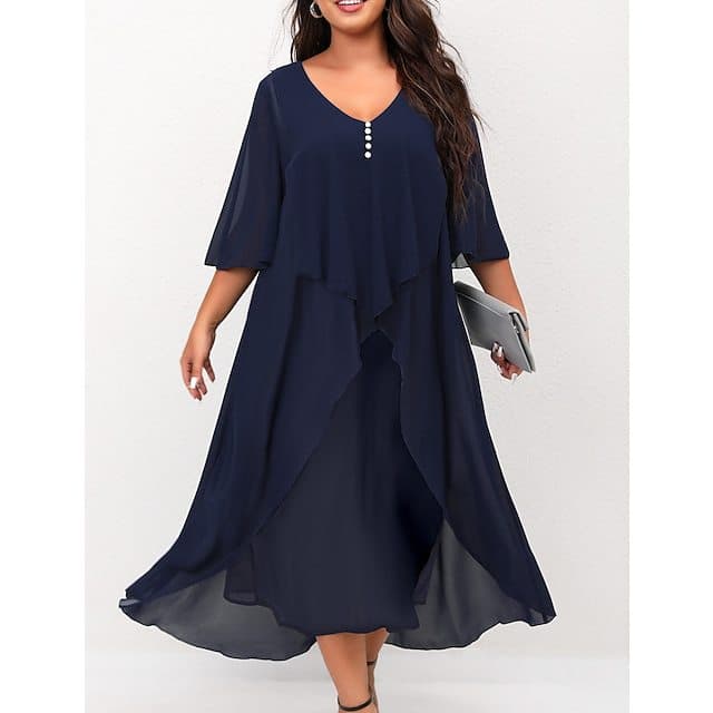 Women's Clothing Chiffon Splicing Two Piece Irregular Mid Sleeve Dress