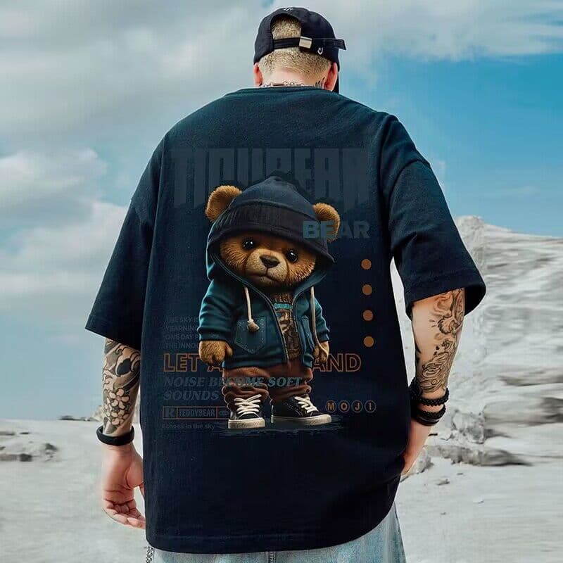 Oversize American Trendy Brand Fat Men's T-Shirts Large Size Loose Bear Print Pure Cotton Short Sleeved T Shirt Half Sleeved Summer Trend Tops