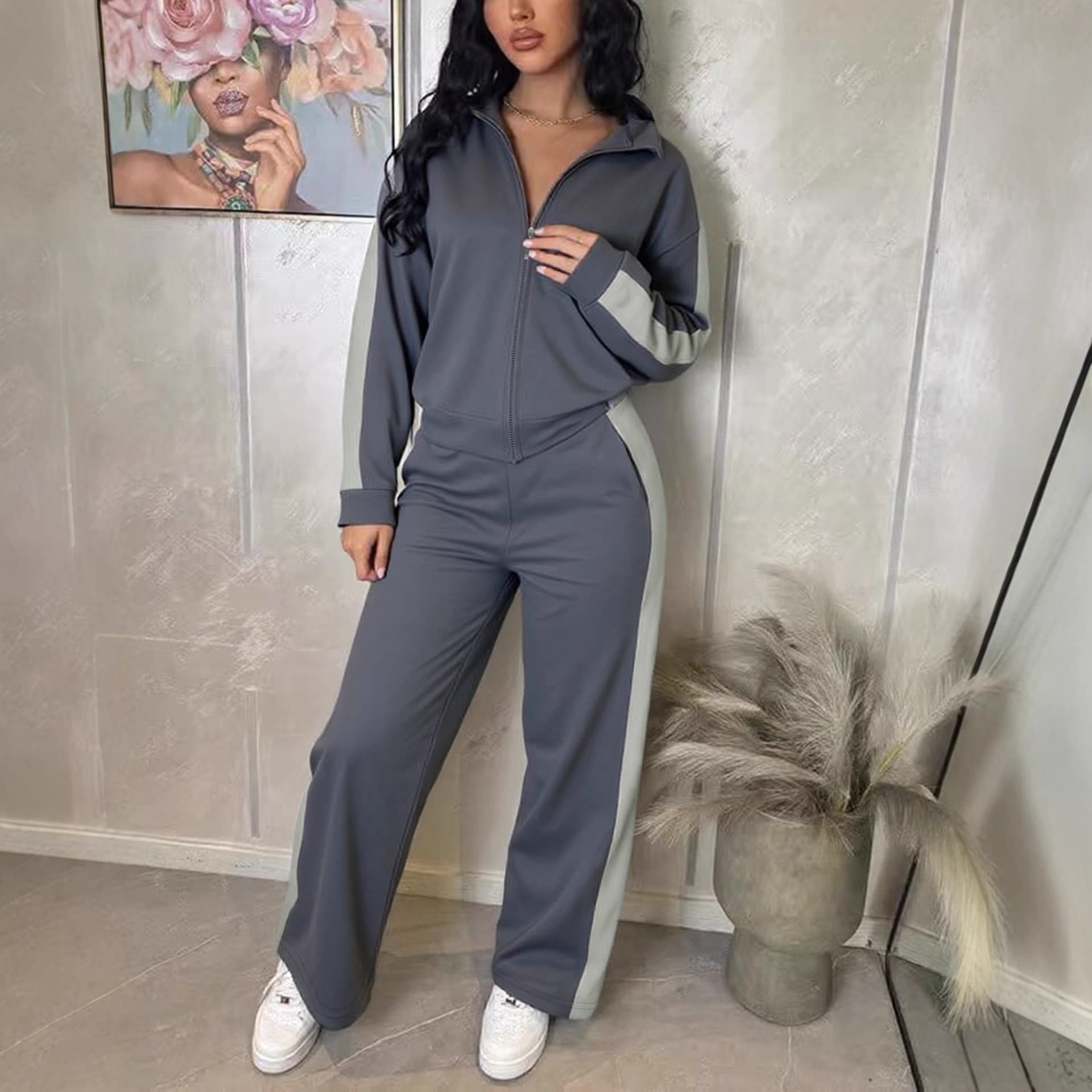 Women's Casual Sportswear Set High Waist Wide Leg Pants And Loose Fitting Jacket Versatile Everyday Outfit